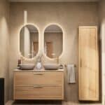 Wandhängendes Badezimmermöbel 120 cm aus Natureiche mit zwei Schubladen und beige Kalksteinwaschtisch