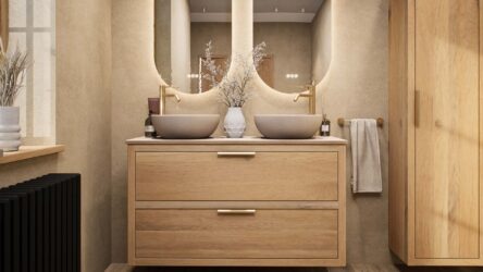 Wandhängendes Badezimmermöbel 120 cm aus Natureiche mit zwei Schubladen und beige Kalksteinwaschtisch