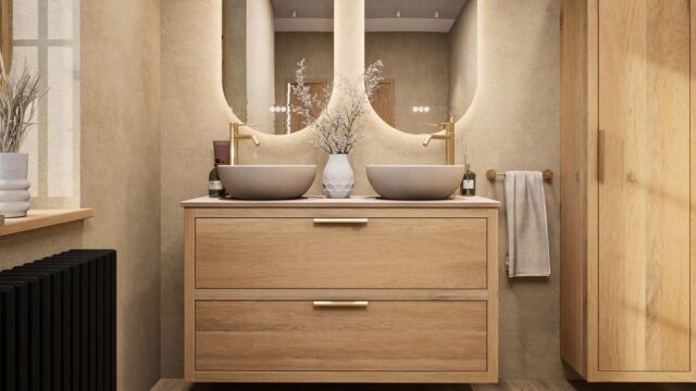 Wandhängendes Badezimmermöbel 120 cm aus Natureiche mit zwei Schubladen und beige Kalksteinwaschtisch
