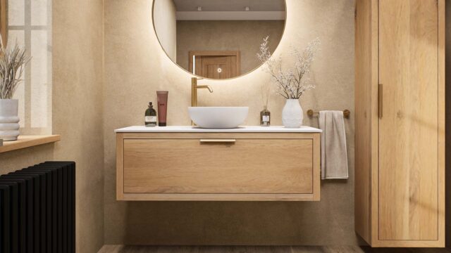 Wandhängendes Badezimmermöbel 120 cm aus Natureiche mit Einzelwaschtisch und weißes Solid-Surface-Aufsatzbecken (hochwertig)