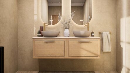Wandhängendes Badezimmermöbel 140 cm aus Natureiche mit eine Schublade und beige Kalksteinwaschtisch (Massivholz)