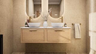 Wandhängendes Badezimmermöbel 140 cm aus Natureiche mit eine Schublade und weißes Solid-Surface-Aufsatzbecken