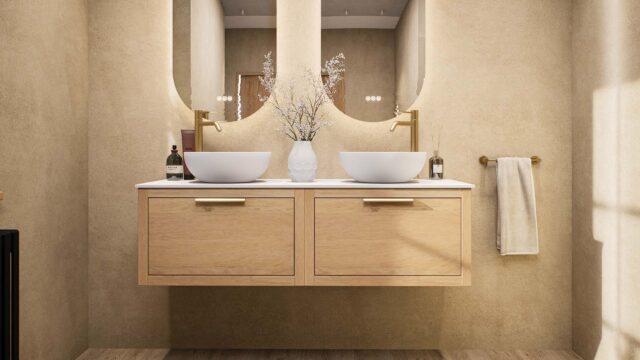 Wandhängendes Badezimmermöbel 140 cm aus Natureiche mit eine Schublade und weißes Solid-Surface-Aufsatzbecken