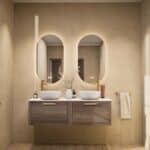 Wandhängendes Badezimmermöbel 140 cm aus dunkler Eiche mit eine Schublade und weißes Solid-Surface-Aufsatzbecken (elegant)