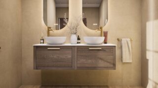Wandhängendes Badezimmermöbel 140 cm aus dunkler Eiche mit eine Schublade und weißes Solid-Surface-Aufsatzbecken (elegant)