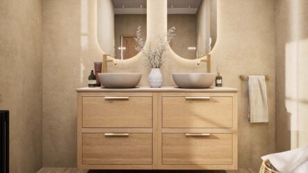 Wandhängendes Badezimmermöbel 140 cm aus Natureiche mit zwei Schubladen und beige Kalksteinwaschtisch