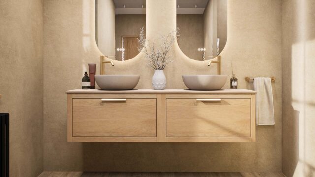 Wandhängendes Badezimmermöbel 160 cm aus Natureiche mit eine Schublade und beige Kalksteinwaschtisch (Top-Qualität)