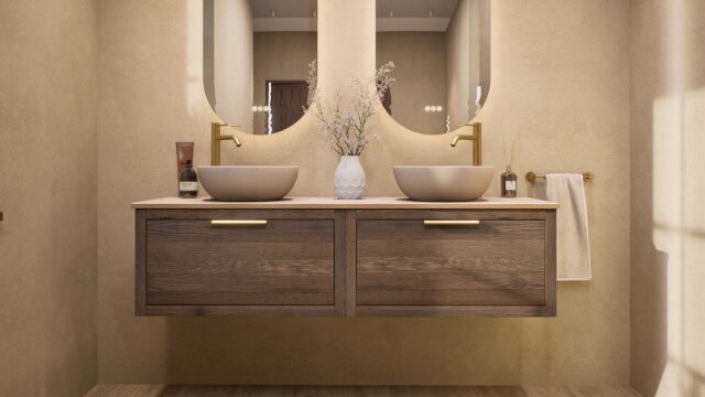 Wandhängendes Badezimmermöbel 160 cm aus dunkler Eiche mit eine Schublade und beige Kalksteinwaschtisch