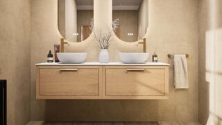 Wandhängendes Badezimmermöbel 160 cm aus Natureiche mit eine Schublade und weißes Solid-Surface-Aufsatzbecken