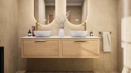 Wandhängendes Badezimmermöbel 160 cm aus Natureiche mit eine Schublade und weißes Solid-Surface-Aufsatzbecken