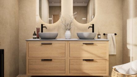Wandhängendes Badezimmermöbel 160 cm aus Natureiche mit zwei Schubladen und graue Kalksteinplatte (Massivholz)