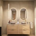 Wandhängendes Badezimmermöbel 160 cm aus Natureiche mit zwei Schubladen und beige Kalksteinwaschtisch