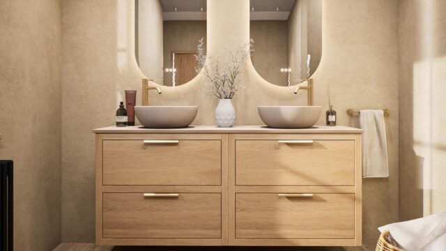 Wandhängendes Badezimmermöbel 160 cm aus Natureiche mit zwei Schubladen und beige Kalksteinwaschtisch