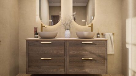 Wandhängendes Badezimmermöbel 160 cm aus dunkler Eiche mit zwei Schubladen und beige Kalksteinwaschtisch (design)