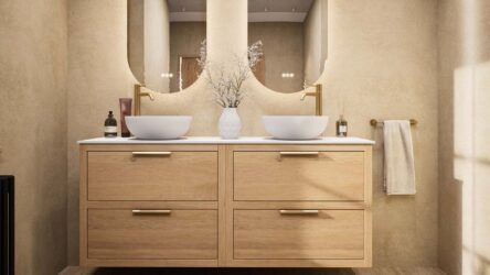 Wandhängendes Badezimmermöbel 160 cm aus Natureiche mit zwei Schubladen und weißes Solid-Surface-Aufsatzbecken