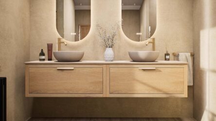 Wandhängendes Badezimmermöbel 200 cm aus Natureiche mit eine Schublade und beige Kalksteinwaschtisch (design)