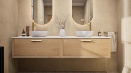 Wandhängendes Badezimmermöbel 200 cm aus Natureiche mit eine Schublade und weißes Solid-Surface-Aufsatzbecken