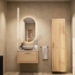 Wandhängendes Badezimmermöbel 70 cm aus Natureiche mit eine Schublade und beige Kalksteinwaschtisch (Premium)