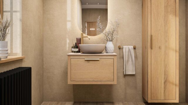 Wandhängendes Badezimmermöbel 70 cm aus Natureiche mit eine Schublade und beige Kalksteinwaschtisch (Premium)