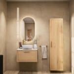 Wandhängendes Badezimmermöbel 70 cm aus Natureiche mit eine Schublade und weißes Solid-Surface-Aufsatzbecken (elegant)