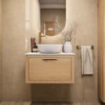 Wandhängendes Badezimmermöbel 70 cm aus Natureiche mit eine Schublade und weißes Solid-Surface-Aufsatzbecken (elegant)