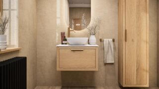 Wandhängendes Badezimmermöbel 70 cm aus Natureiche mit eine Schublade und weißes Solid-Surface-Aufsatzbecken (elegant)