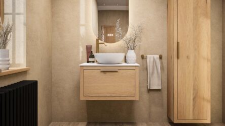 Wandhängendes Badezimmermöbel 70 cm aus Natureiche mit eine Schublade und weißes Solid-Surface-Aufsatzbecken (elegant)