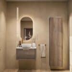 Wandhängendes Badezimmermöbel 70 cm aus dunkler Eiche mit eine Schublade und weißes Solid-Surface-Aufsatzbecken (wandhängend)