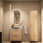 Wandhängendes Badezimmermöbel 70 cm aus Natureiche mit zwei Schubladen und beige Kalksteinwaschtisch