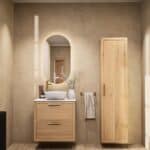 Wandhängendes Badezimmermöbel 70 cm aus Natureiche mit zwei Schubladen und weißes Solid-Surface-Aufsatzbecken
