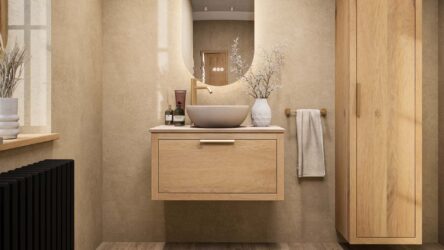 Wandhängendes Badezimmermöbel 80 cm aus Natureiche mit eine Schublade und beige Kalksteinwaschtisch (luxuriös)