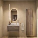 Wandhängendes Badezimmermöbel 80 cm aus dunkler Eiche mit eine Schublade und weißes Solid-Surface-Aufsatzbecken (modern)