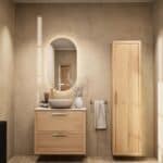 Wandhängendes Badezimmermöbel 80 cm aus Natureiche mit zwei Schubladen und beige Kalksteinwaschtisch