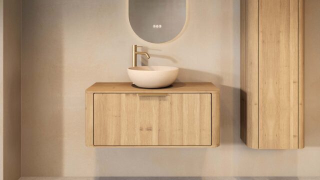 Rundes hängendes Badezimmermöbel 80 cm aus Natureiche mit glatter Front, Eichenholzplatte und beige Kalksteinbecken
