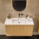 Natureiche Badezimmermöbel 100 cm mit glatter Front, Innenschublade und Solid-Surface-Waschtisch
