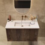 Dunkeleiche Badezimmermöbel 100 cm mit glatter Front, Innenschublade und Solid-Surface-Waschtisch