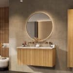 Natureiche Badezimmermöbel 120 cm mit glatter Front, Innenschublade und doppeltem Solid-Surface-Waschtisch