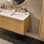 Natureiche Badezimmermöbel 120 cm mit glatter Front, Innenschublade und doppeltem Solid-Surface-Waschtisch