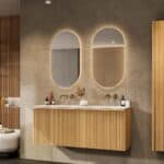 Natureiche Badezimmermöbel 140 cm mit glatter Front, Innenschublade und doppeltem Solid-Surface-Waschtisch