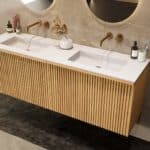 Natureiche Badezimmermöbel 160 cm mit glatter Front, Innenschublade und doppeltem Solid-Surface-Waschtisch