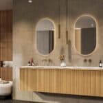Natureiche Badezimmermöbel 200 cm mit glatter Front, Innenschublade und doppeltem Solid-Surface-Waschtisch
