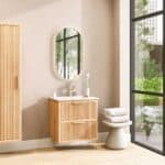 Wandhängendes Badezimmermöbel 70 cm aus Natureiche mit Riffelfront und zwei Softclose-Schubladen
