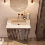 Dunkeleiche Badezimmermöbel 70 cm mit glatter Front, Innenschublade und beigem Kalkstein-Waschtisch