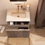 Dunkeleiche Badezimmermöbel 70 cm mit glatter Front, Innenschublade und beigem Kalkstein-Waschtisch