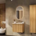 Natureiche Badezimmermöbel 70 cm mit glatter Front, Innenschublade und Solid-Surface-Waschtisch