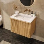Natureiche Badezimmermöbel 70 cm mit glatter Front, Innenschublade und Solid-Surface-Waschtisch