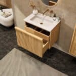 Natureiche Badezimmermöbel 70 cm mit glatter Front, Innenschublade und Solid-Surface-Waschtisch