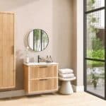 Wandhängendes Badezimmermöbel 80 cm aus Natureiche mit Riffelfront und zwei Softclose-Schubladen