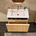 Natureiche Badezimmermöbel 80 cm mit glatter Front, Innenschublade und Solid-Surface-Waschtisch
