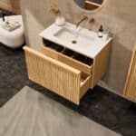 Natureiche Badezimmermöbel 80 cm mit glatter Front, Innenschublade und Solid-Surface-Waschtisch